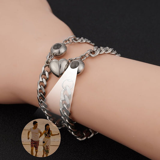 Custom Couple's Silver Magnetic Chain Hidden Photo Bracelet - Laurel Jewel