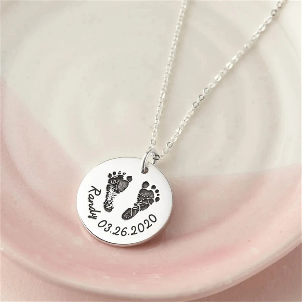 Custom Infant's Handprint/Footprint, Name and Date Necklace - Laurel Jewel