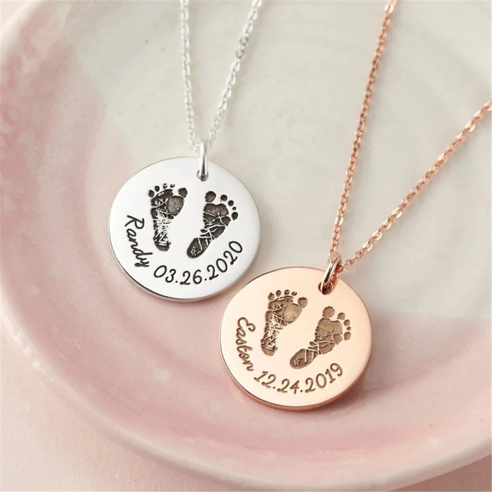 Custom Infant's Handprint/Footprint, Name and Date Necklace - Laurel Jewel