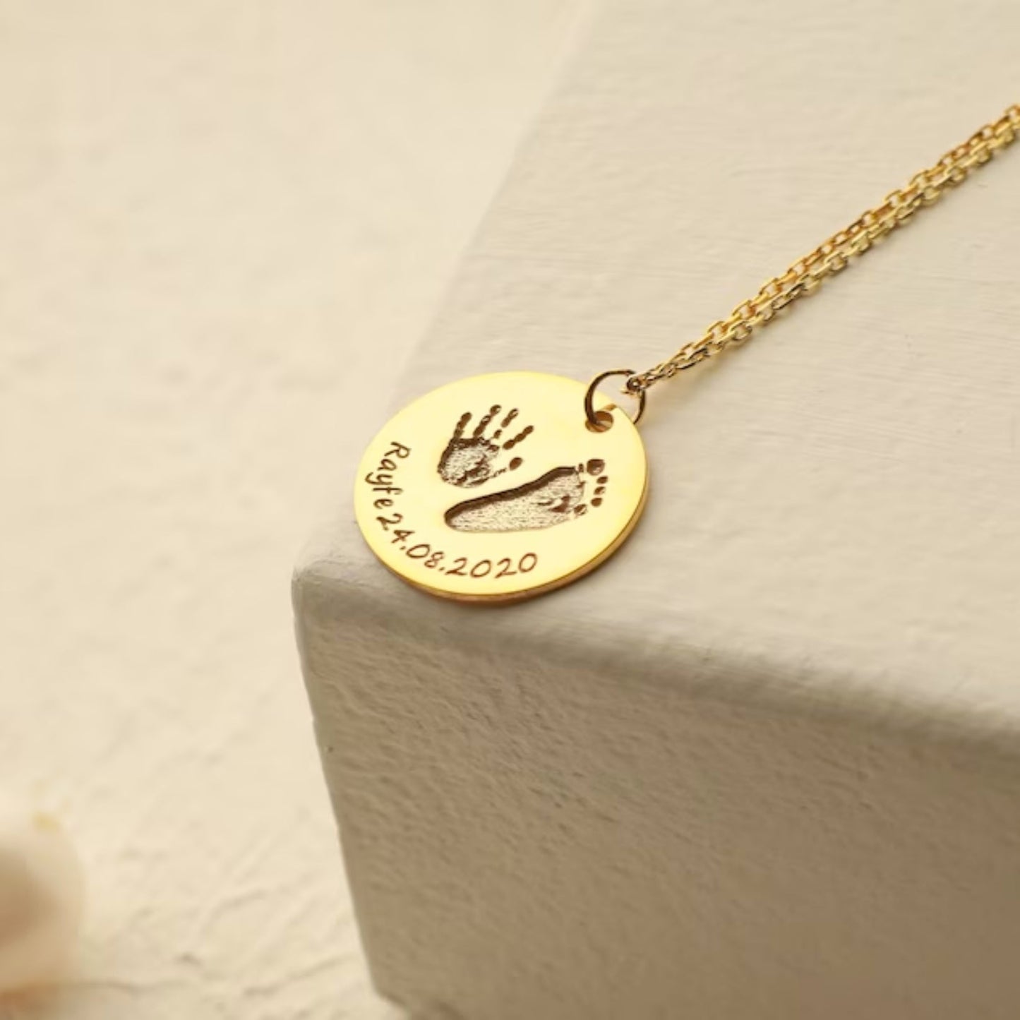 Custom Infant's Handprint/Footprint, Name and Date Necklace - Laurel Jewel