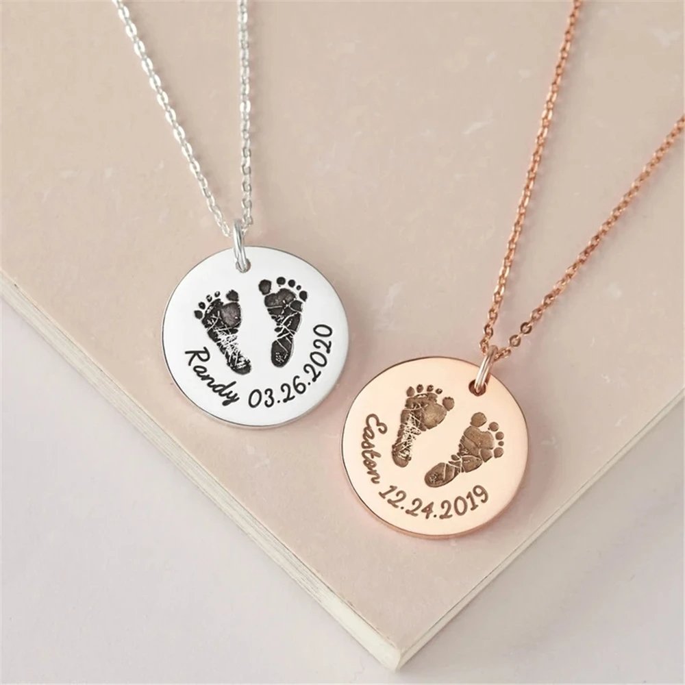 Custom Infant's Handprint/Footprint, Name and Date Necklace - Laurel Jewel