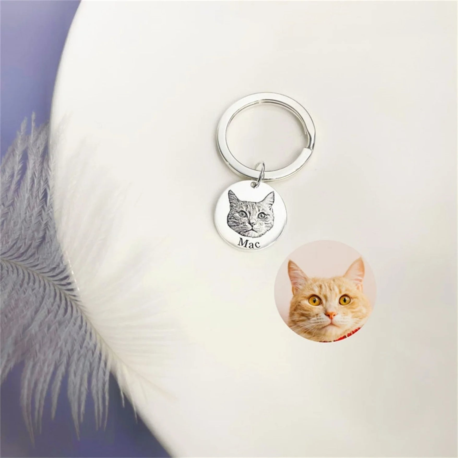 Custom Pet Portrait and Name Disc Keychain - Laurel Jewel