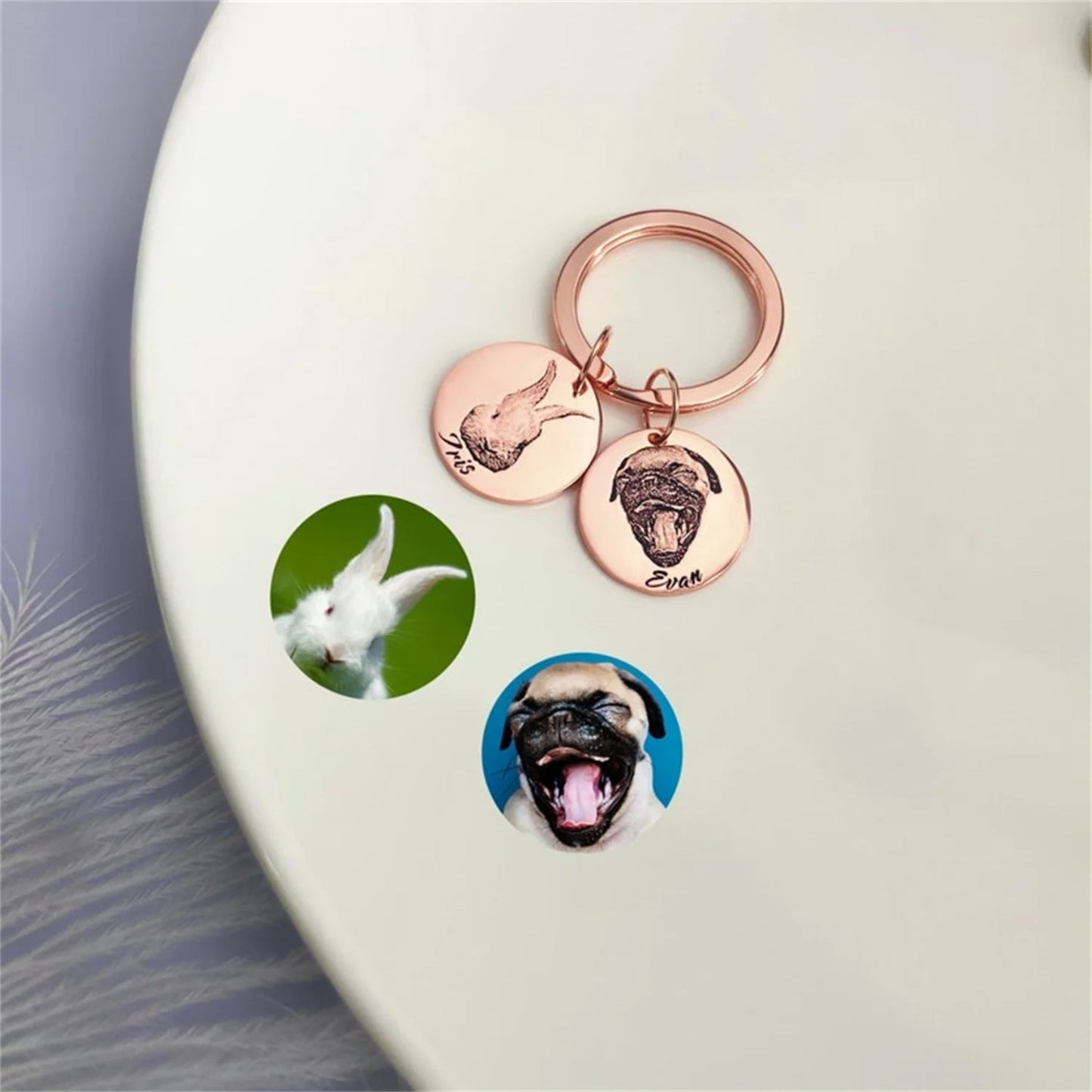 Custom Pet Portrait and Name Disc Keychain - Laurel Jewel