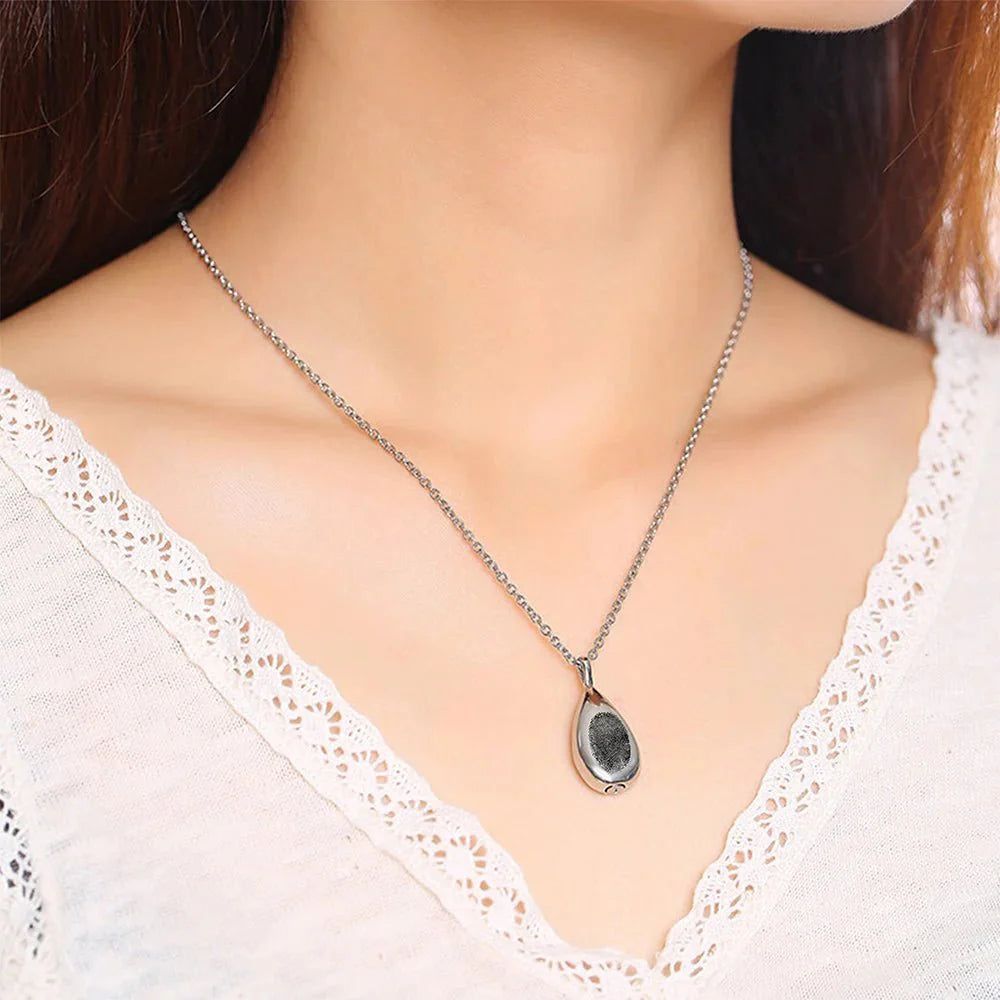 Fingerprint Teardrop Necklace with Engraving for Ashes - Laurel Jewel